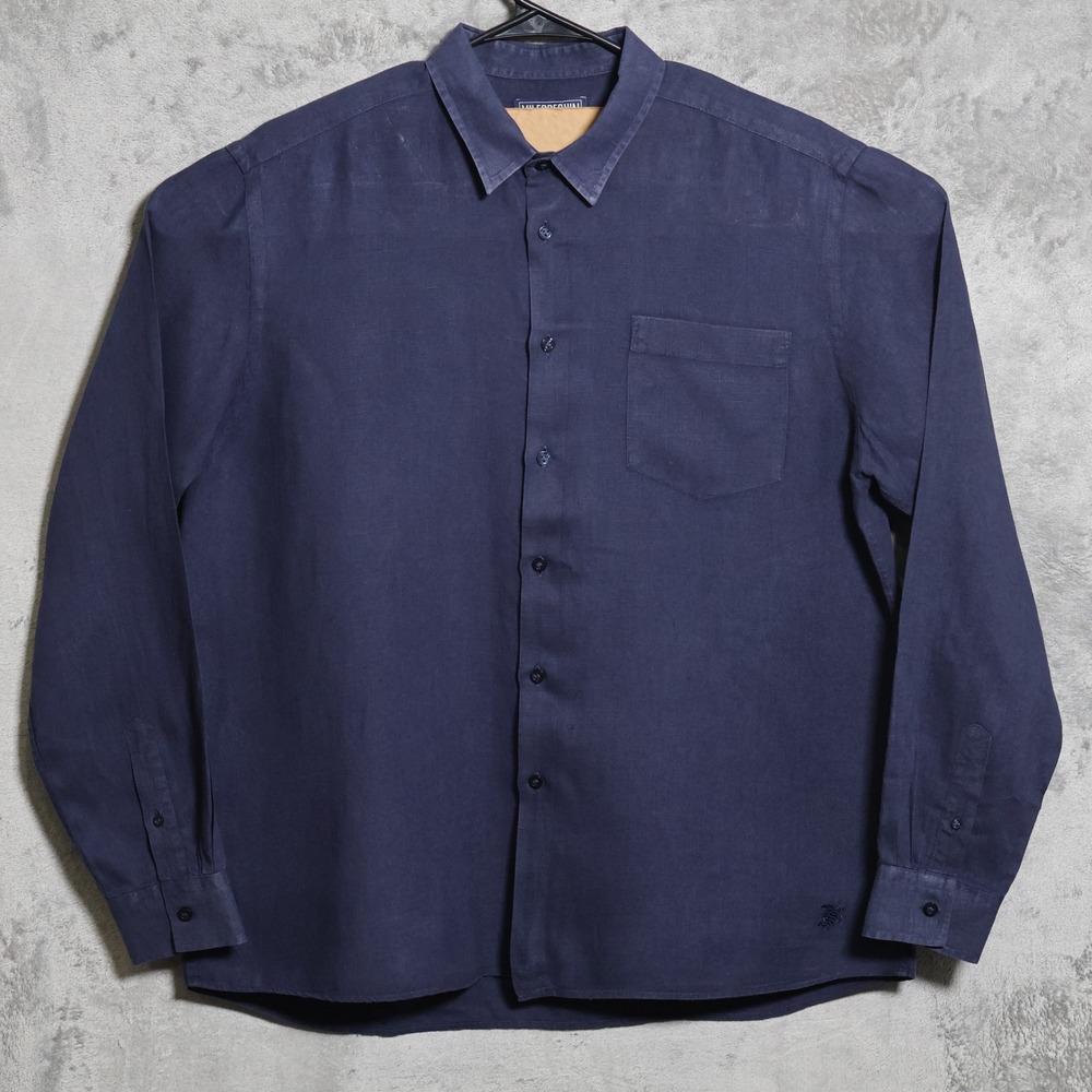 Vilebrequin Shirt Mens XL Navy Blue Linen Long Sleeve Button Up Pocket Preppy